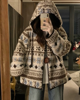 Plush hooded winter lambs wool printing patterns coat