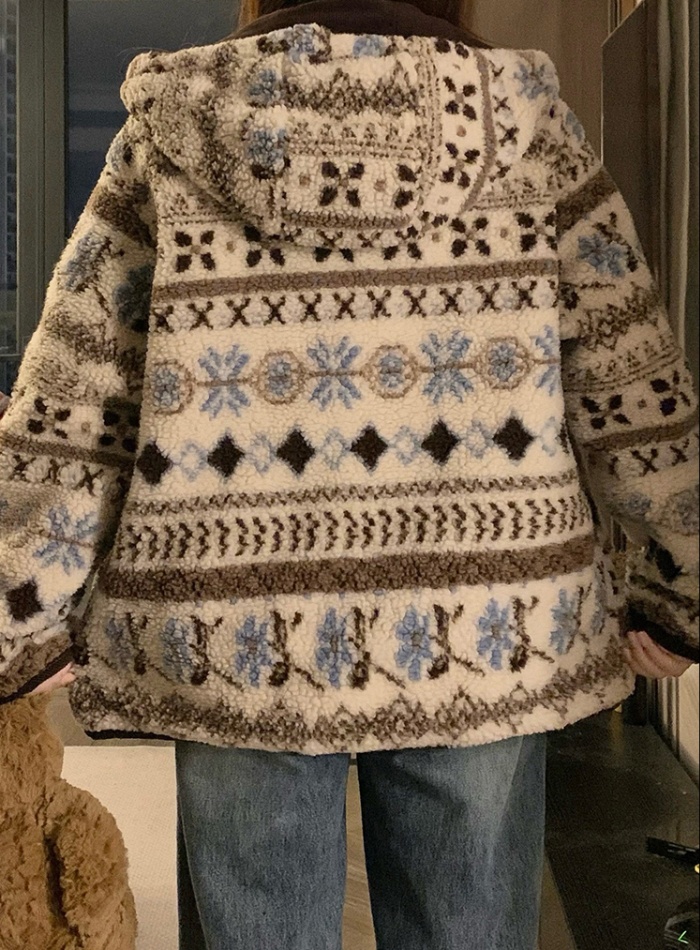 Plush hooded winter lambs wool printing patterns coat