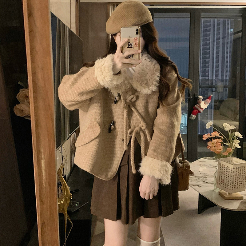 Horn buckle woolen loose winter short thick woolen coat