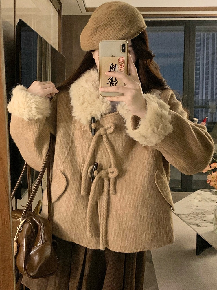 Horn buckle woolen loose winter short thick woolen coat