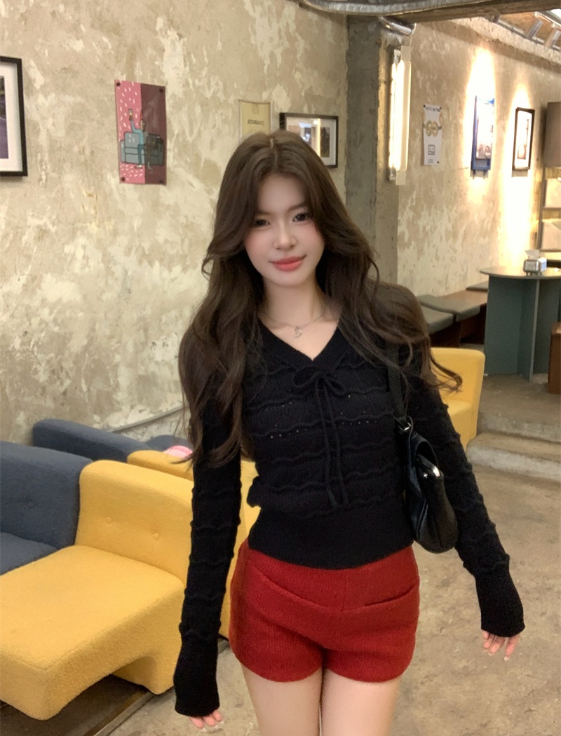 Slim tender long sleeve bow sweater bottoming niche short tops