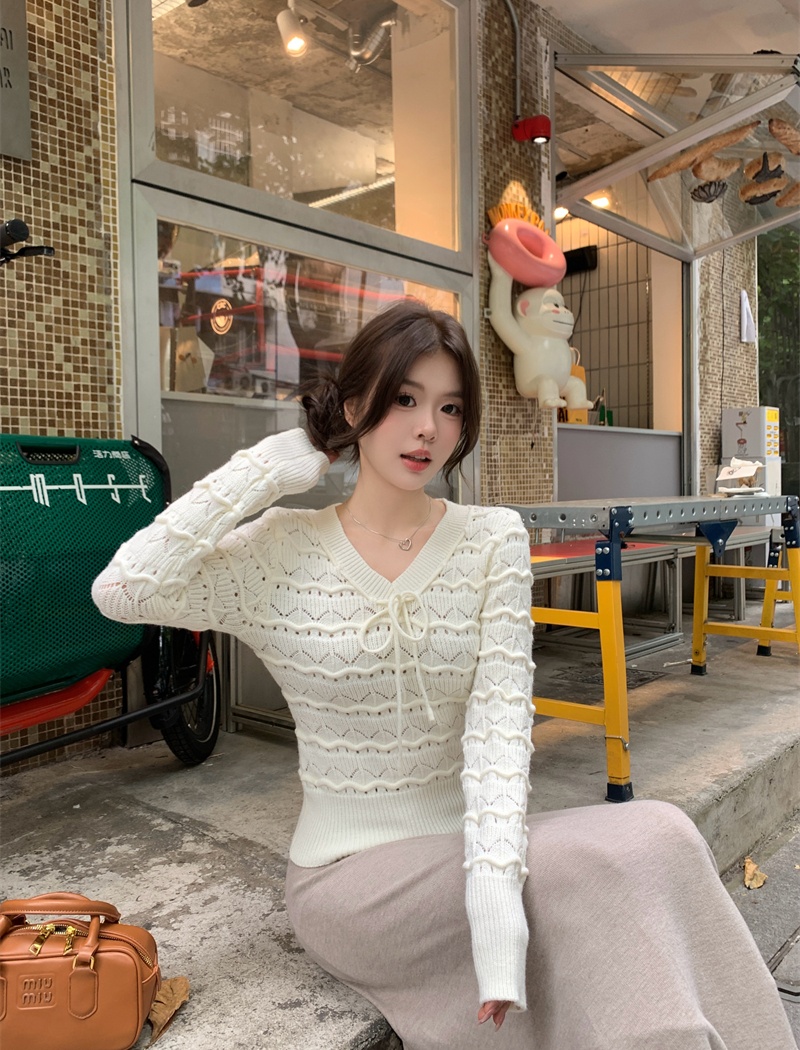 Slim tender long sleeve bow sweater bottoming niche short tops