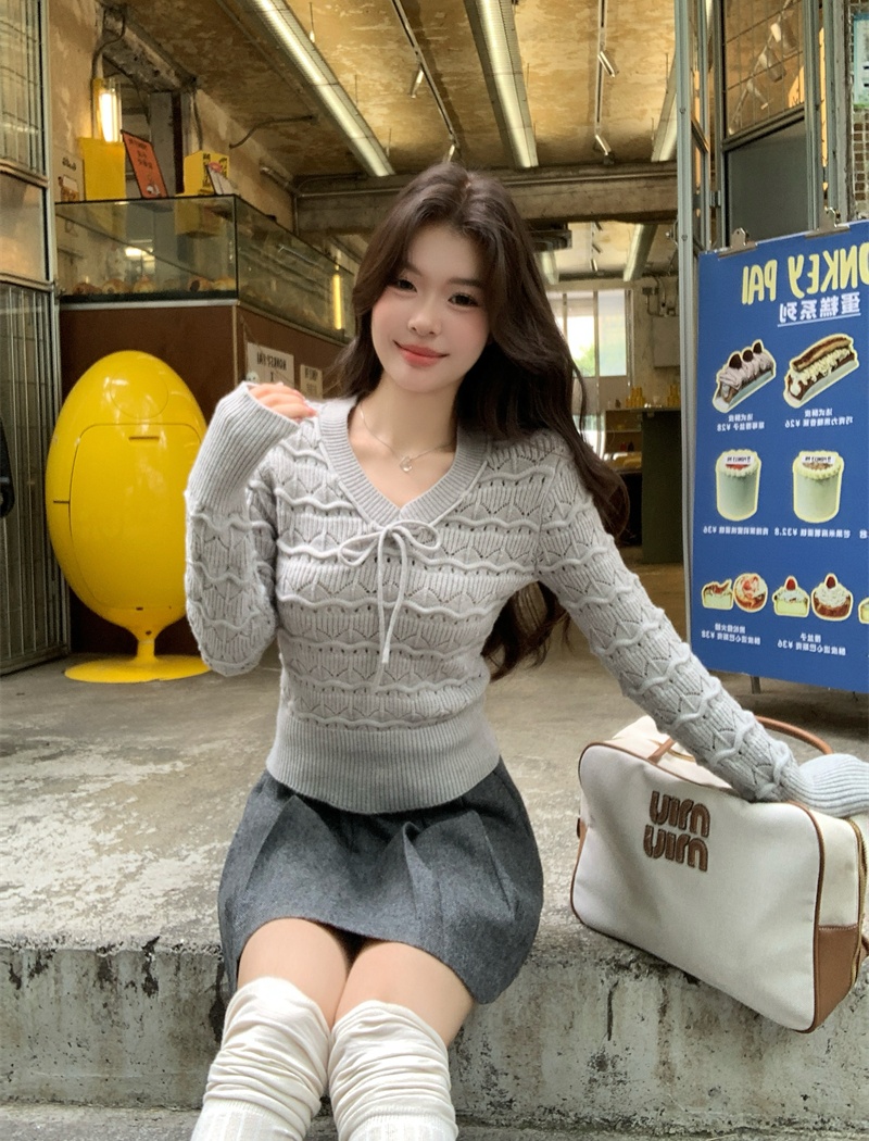 Slim tender long sleeve bow sweater bottoming niche short tops