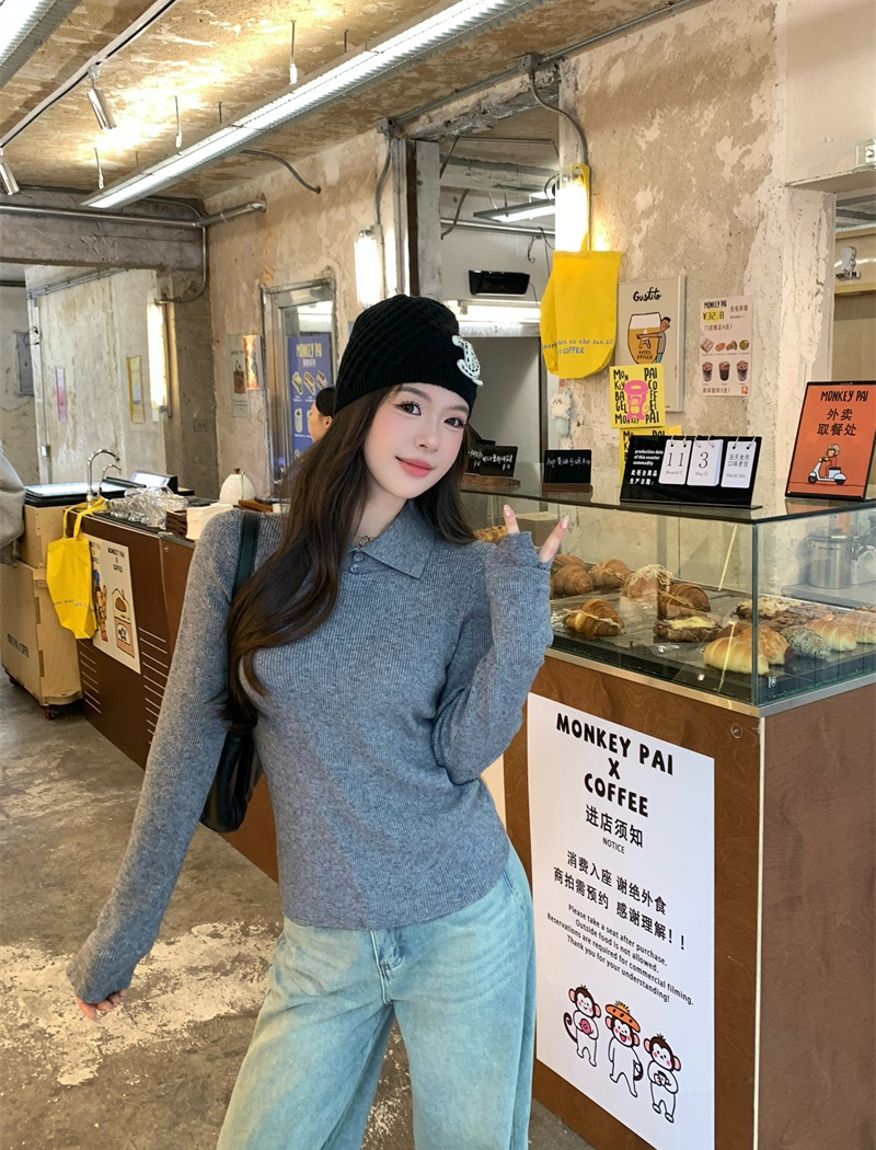 Buckle temperament bottoming shirt gray sweater