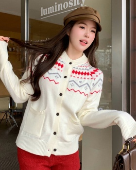 Slim round neck cardigan jacquard sweater for women
