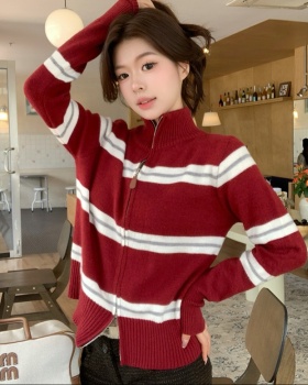 Double zip stripe coat all-match slim cardigan