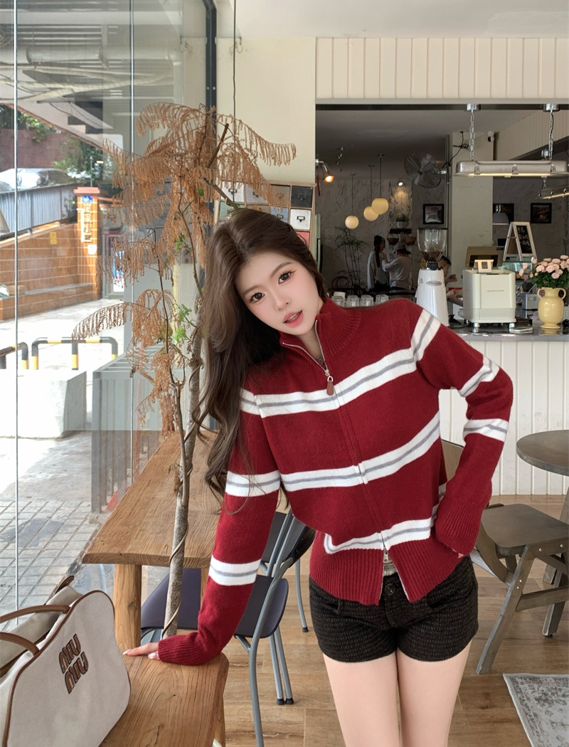 Double zip stripe coat all-match slim cardigan