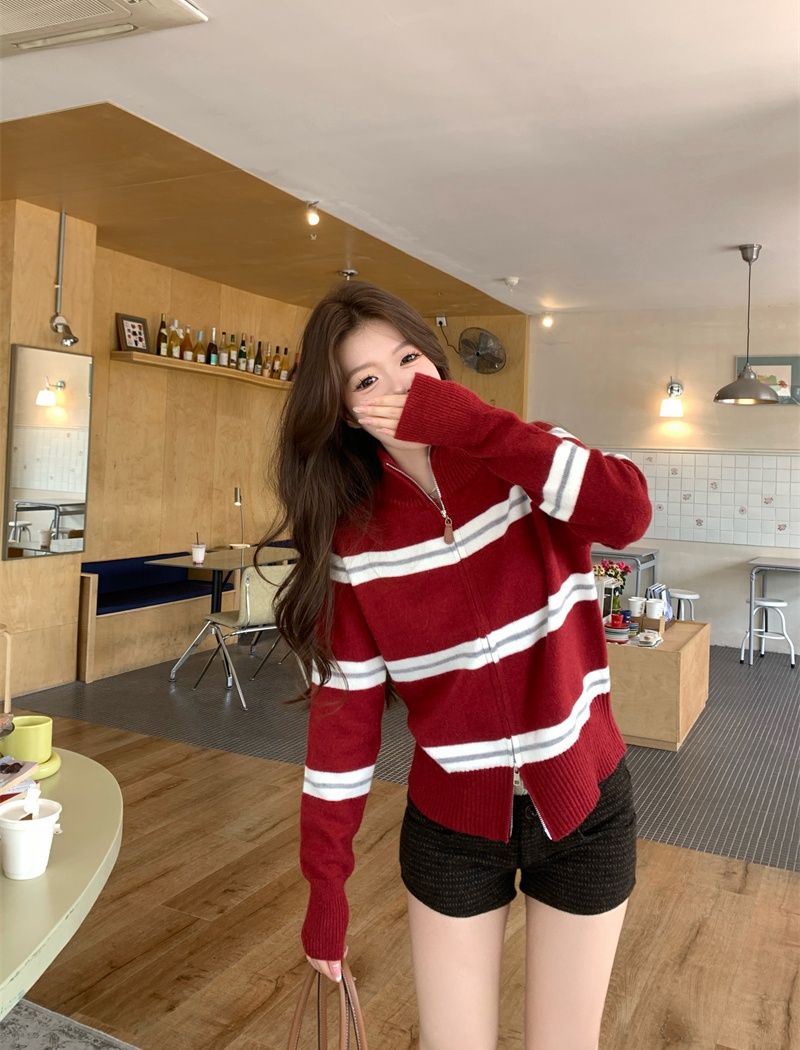 Double zip stripe coat all-match slim cardigan