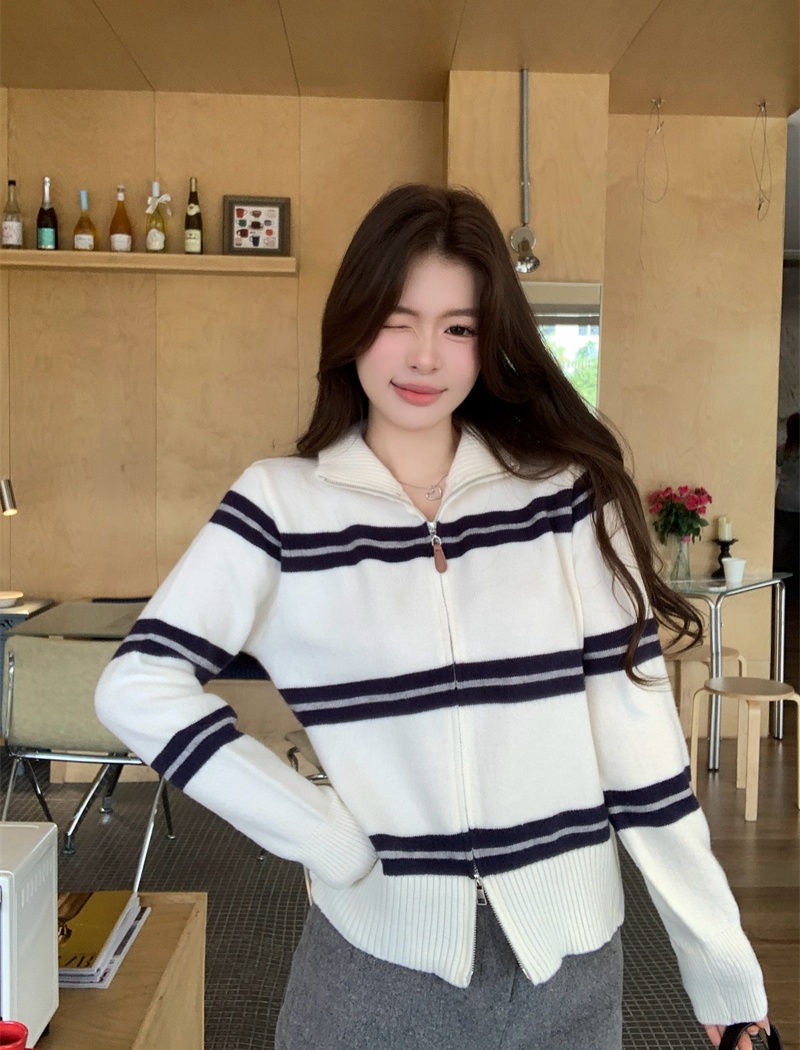 Double zip stripe coat all-match slim cardigan