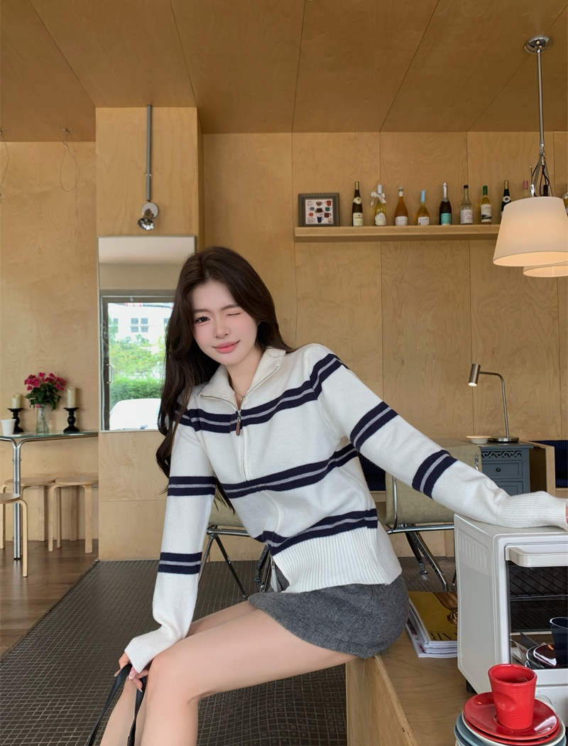 Double zip stripe coat all-match slim cardigan