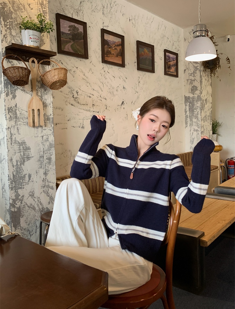 Double zip stripe coat all-match slim cardigan