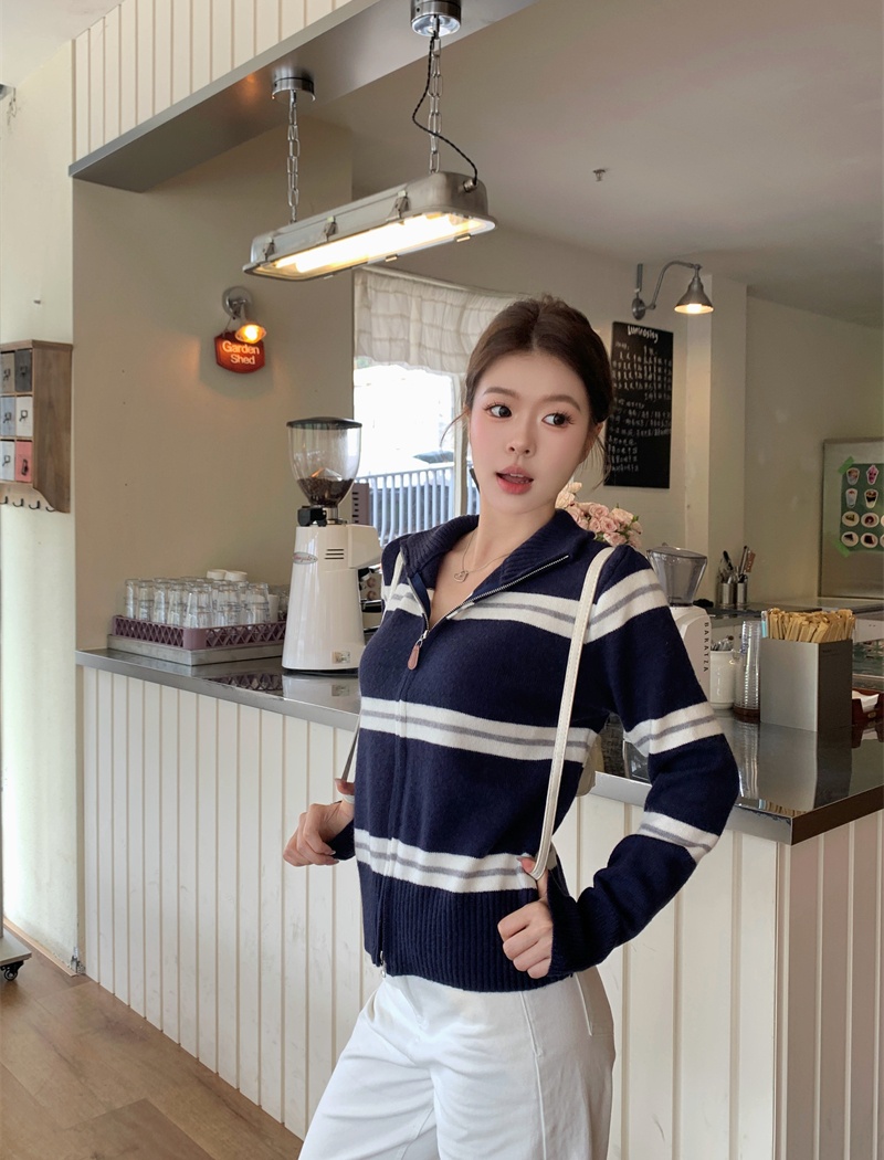Double zip stripe coat all-match slim cardigan