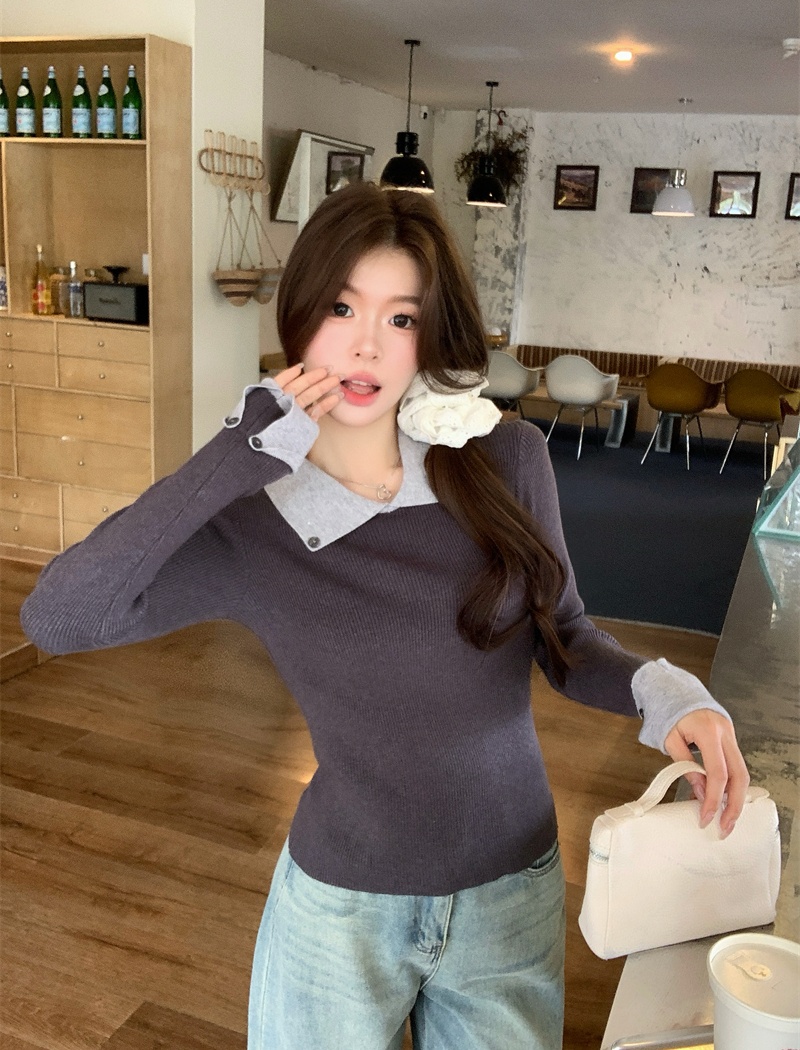 Long sleeve mixed colors tops lapel sweater