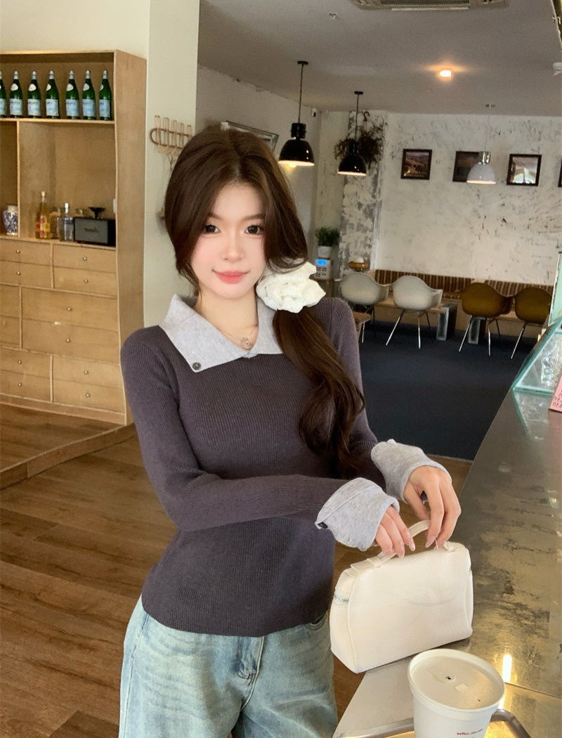 Long sleeve mixed colors tops lapel sweater