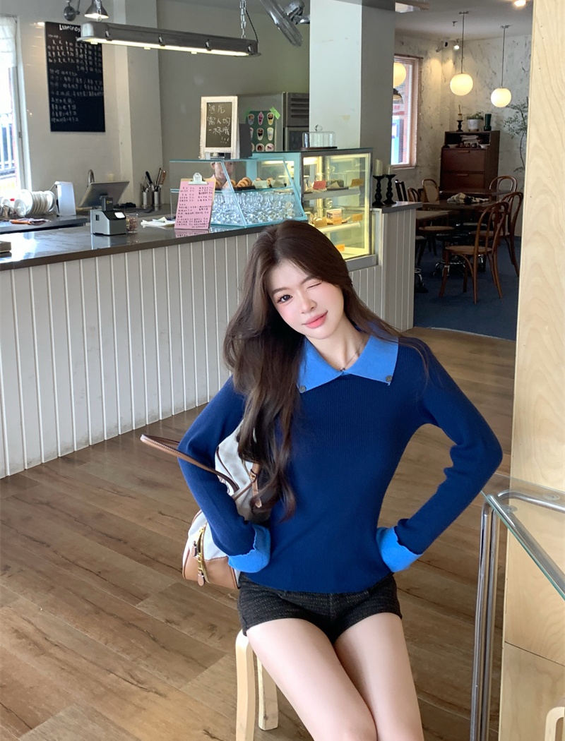 Long sleeve mixed colors tops lapel sweater