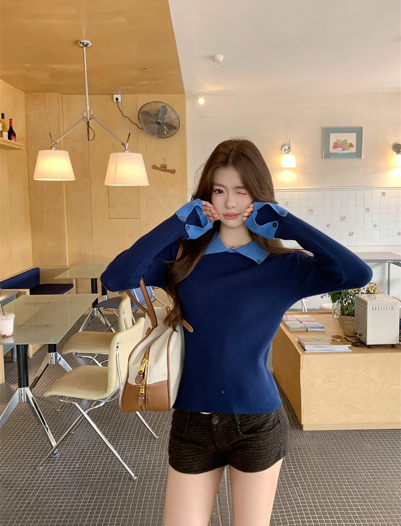 Long sleeve mixed colors tops lapel sweater