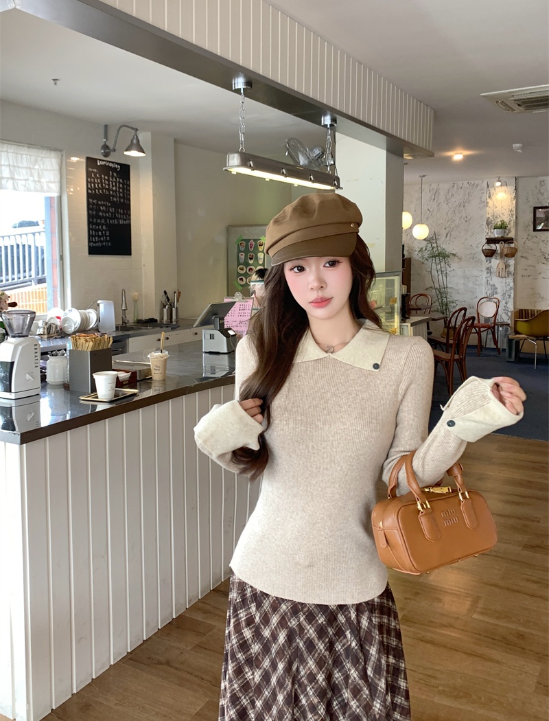 Long sleeve mixed colors tops lapel sweater