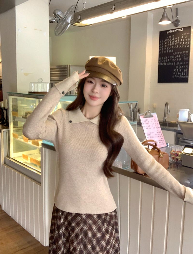 Long sleeve mixed colors tops lapel sweater