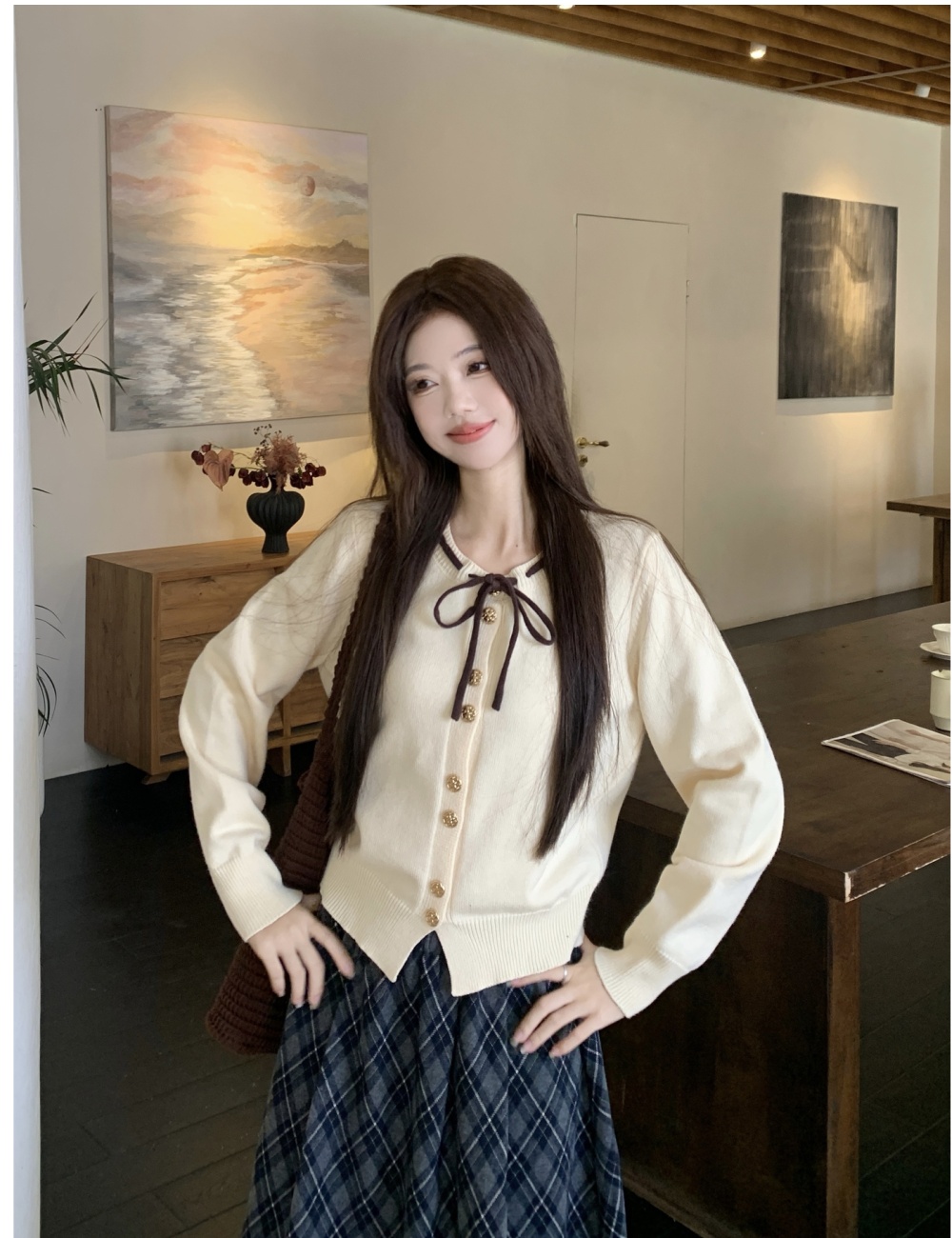 Large yard plaid skirt Korean style sweater 2pcs set