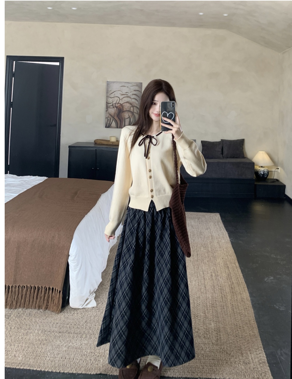 Large yard plaid skirt Korean style sweater 2pcs set