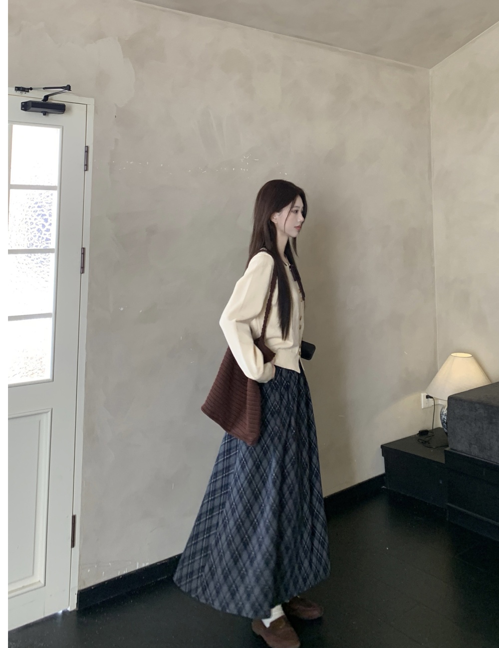 Large yard plaid skirt Korean style sweater 2pcs set