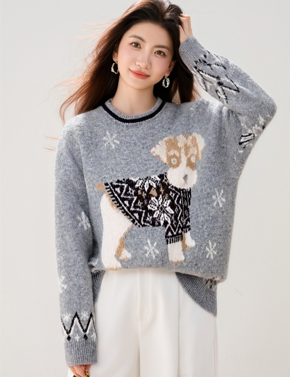 Retro lazy sweater jacquard puppy tops