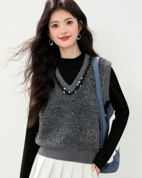 Sleeveless V-neck tops Casual sequins waistcoat