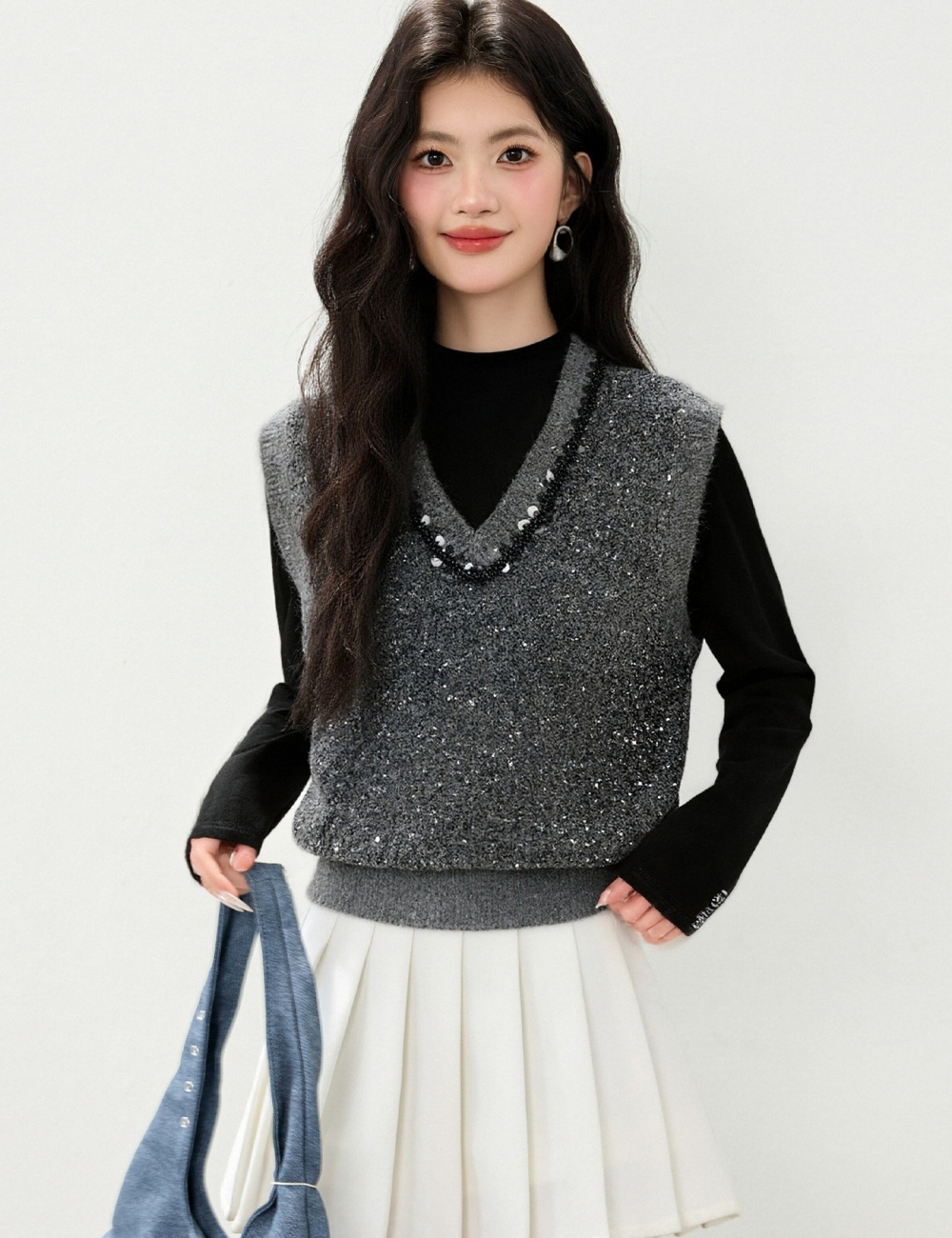 Sleeveless V-neck tops Casual sequins waistcoat