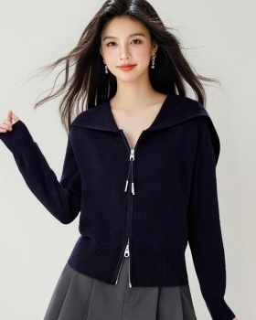 Large lapel cardigan double zip sweater for women