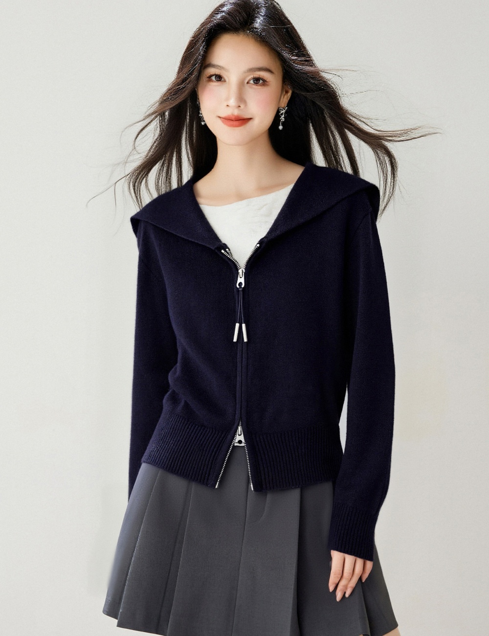 Large lapel cardigan double zip sweater for women