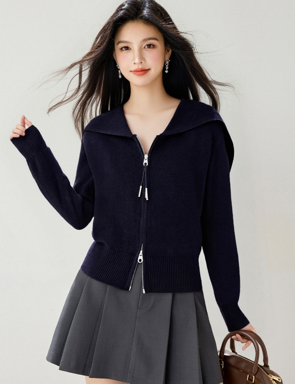 Large lapel cardigan double zip sweater for women