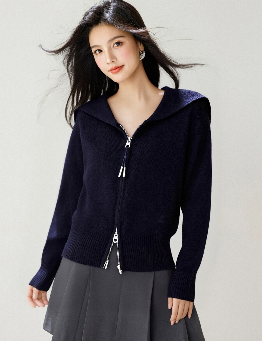 Large lapel cardigan double zip sweater for women