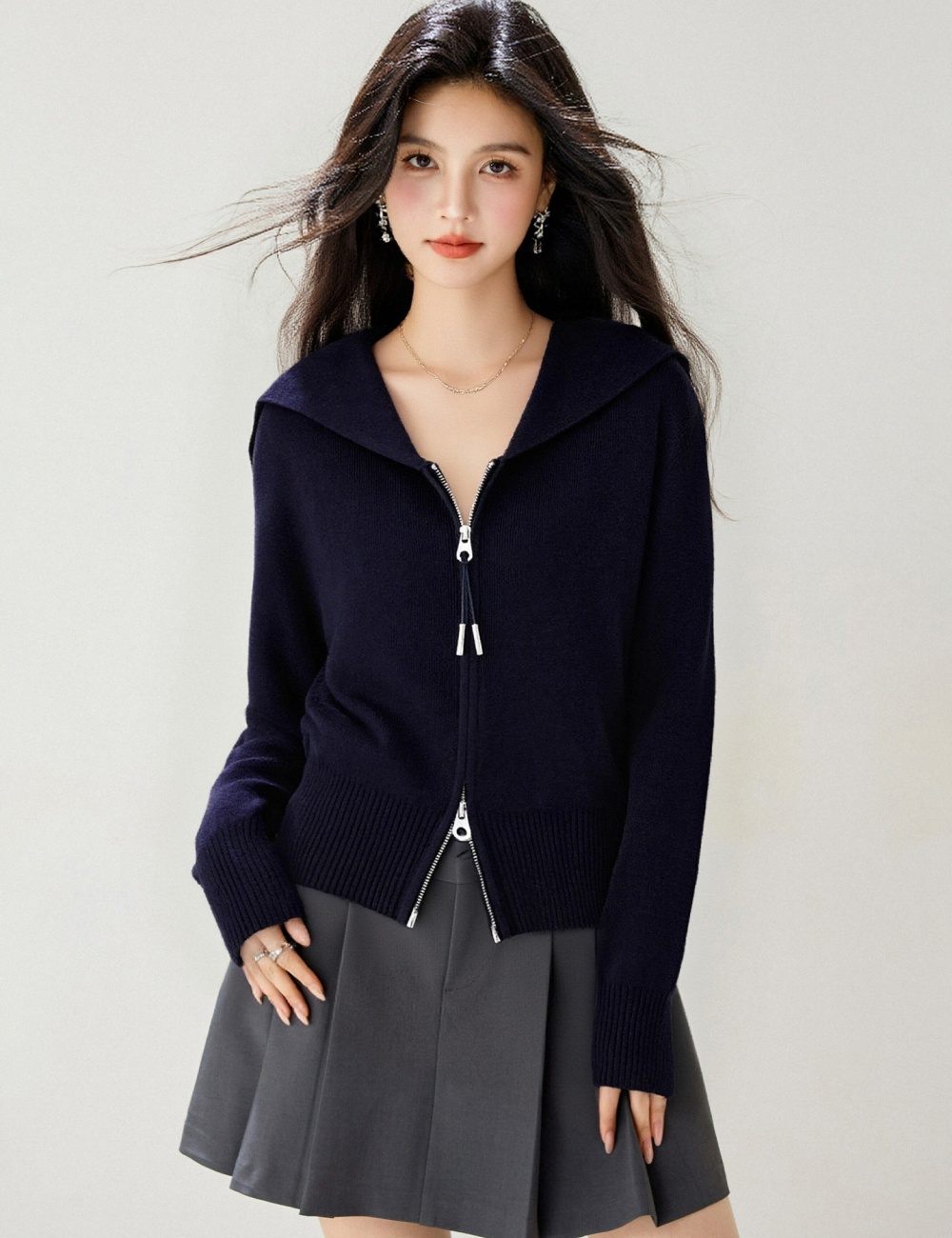 Large lapel cardigan double zip sweater for women