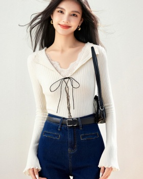 Splice France style knitted tops lace enticement bottoming shirt