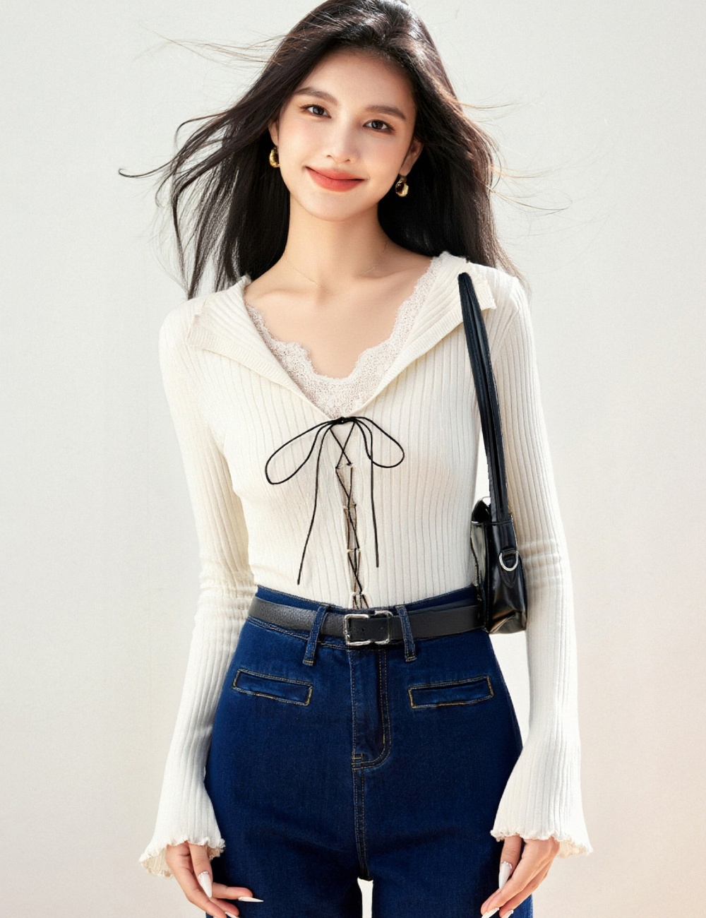 Splice France style knitted tops lace enticement bottoming shirt