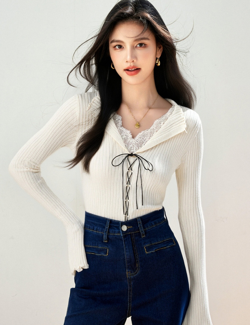 Splice France style knitted tops lace enticement bottoming shirt