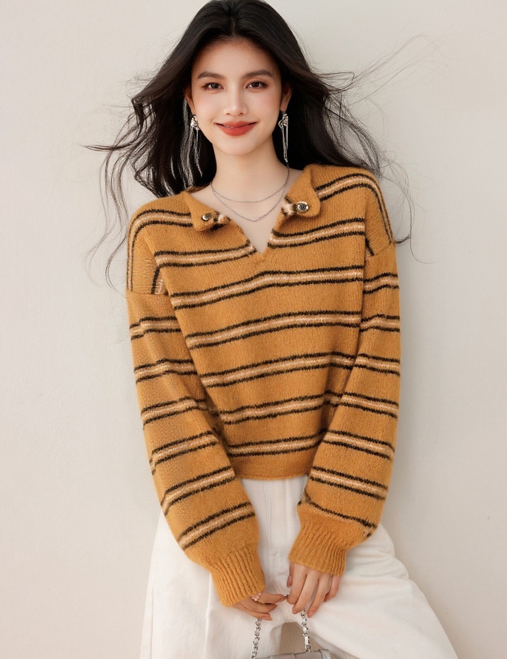 Stripe autumn tops retro tender sweater for women