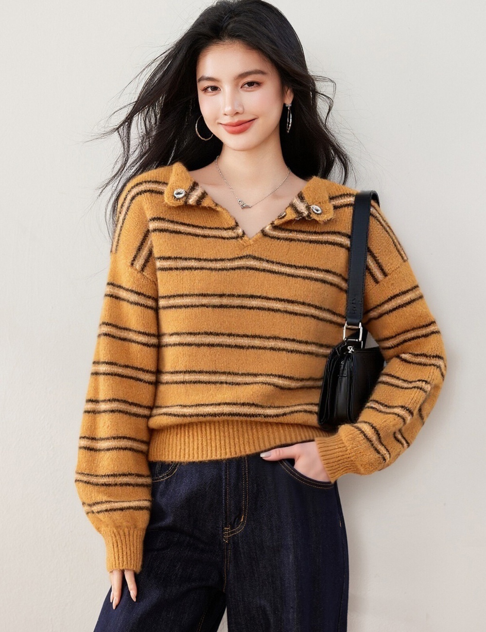 Stripe autumn tops retro tender sweater for women