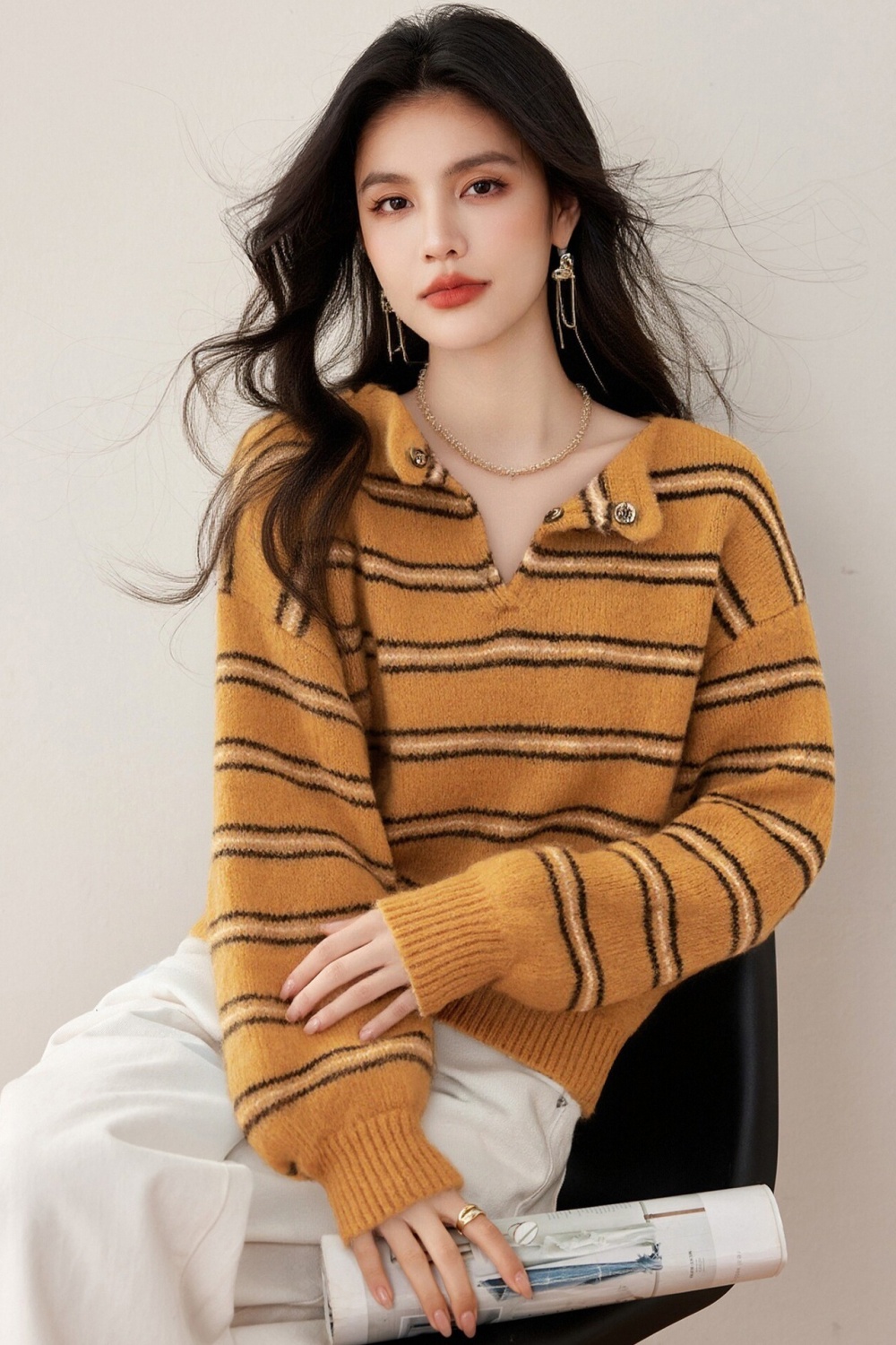 Stripe autumn tops retro tender sweater for women