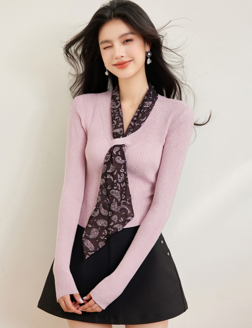 Bottoming long sleeve autumn streamer V-neck sweet tops