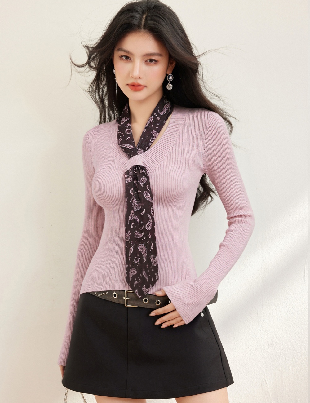 Bottoming long sleeve autumn streamer V-neck sweet tops