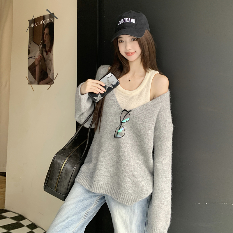 Spring unique tops lazy strapless sweater 2pcs set