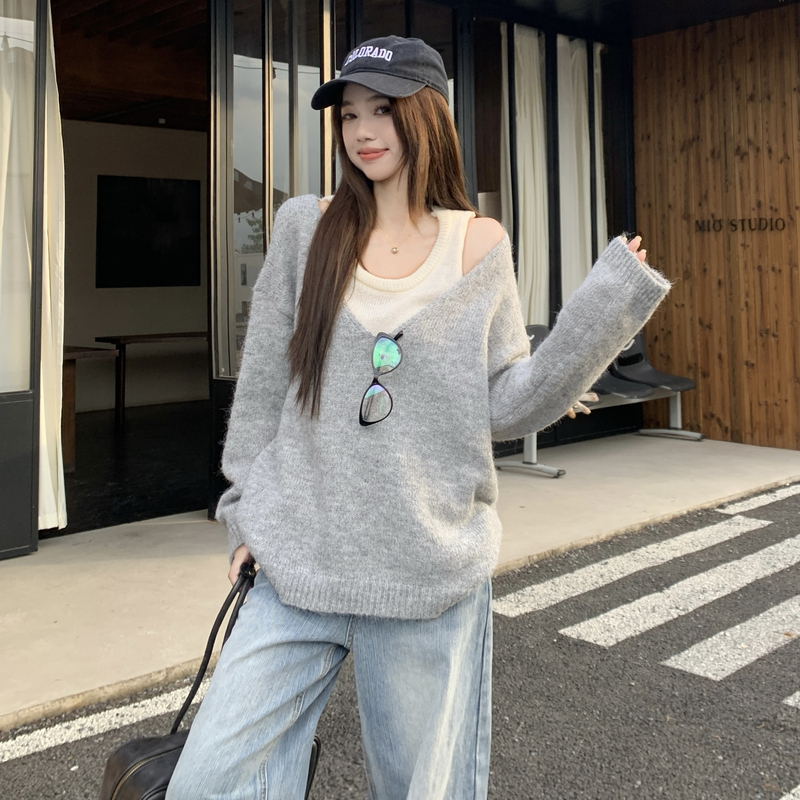 Spring unique tops lazy strapless sweater 2pcs set