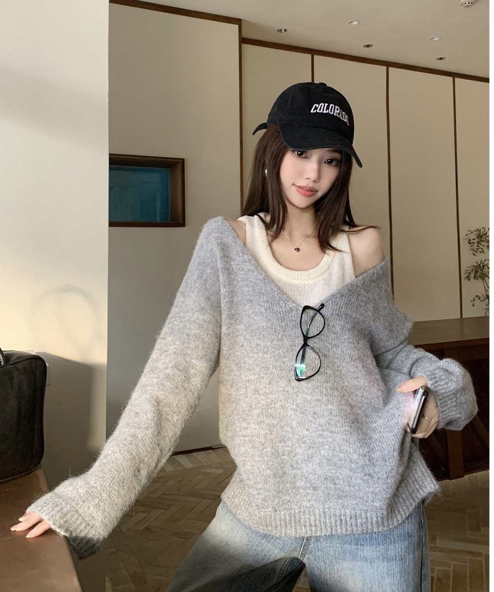 Spring unique tops lazy strapless sweater 2pcs set