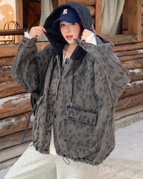 Casual leopard plus velvet jacket retro hooded denim coat