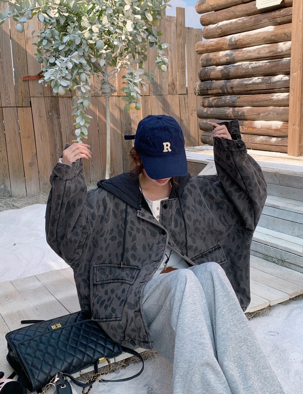 Casual leopard plus velvet jacket retro hooded denim coat