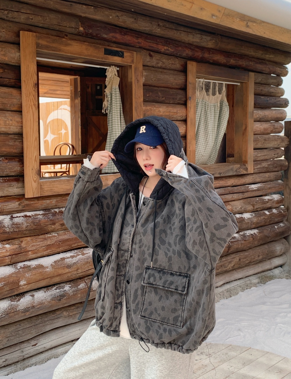 Casual leopard plus velvet jacket retro hooded denim coat