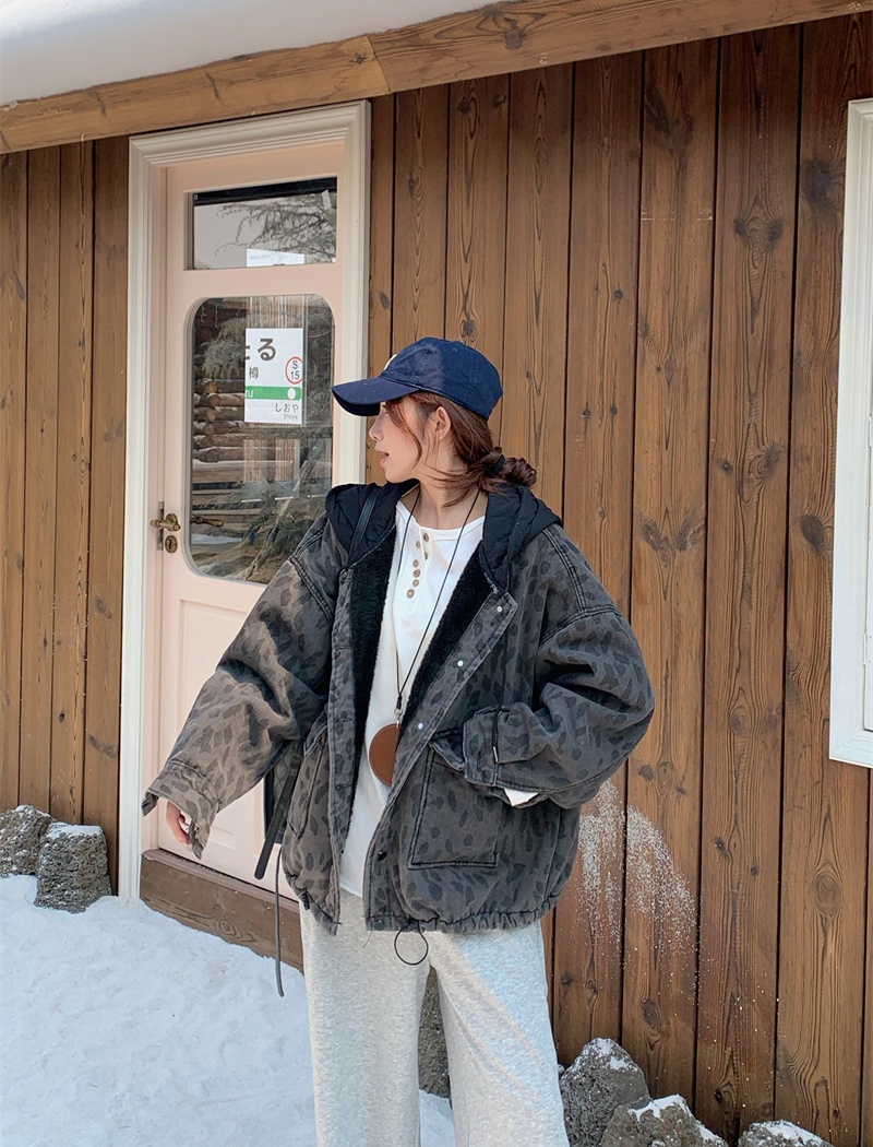 Casual leopard plus velvet jacket retro hooded denim coat