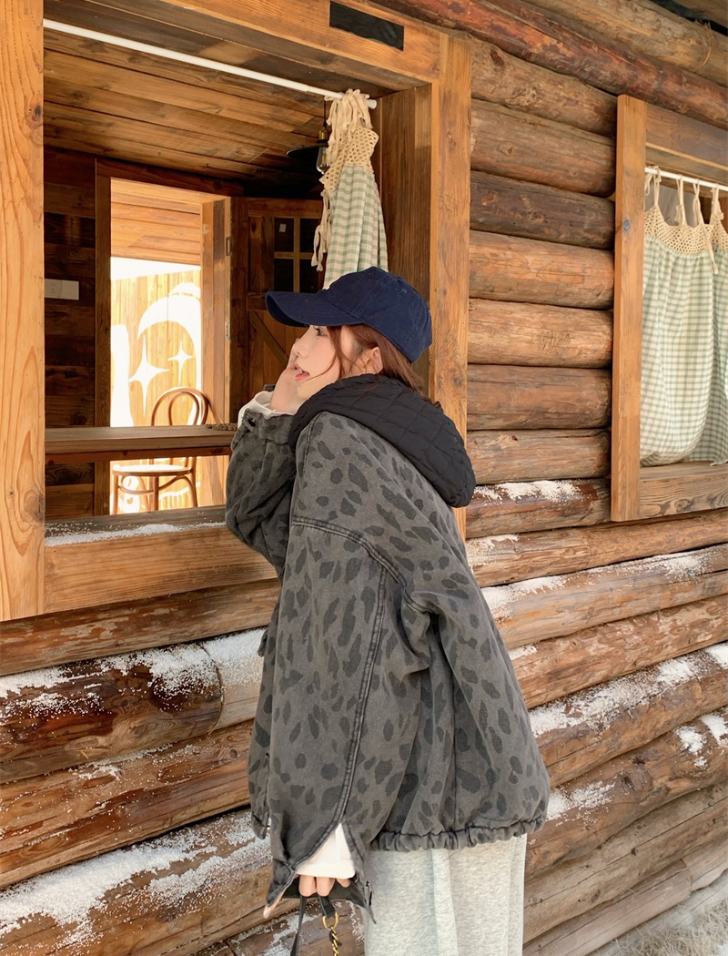 Casual leopard plus velvet jacket retro hooded denim coat