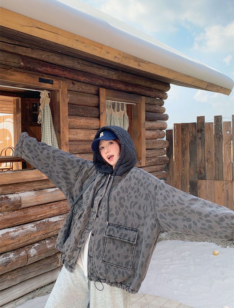 Casual leopard plus velvet jacket retro hooded denim coat